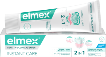 Biała pasta Elmex Sensitive Clinical Expert Instant Care z fluorem w tubce i jej pudełku, widok z przodu pod kątem.