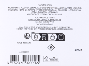 Tył opakowania perfum Nina Ricci Natural Spray: biała etykieta ze składem, symbolami i kodem kreskowym.