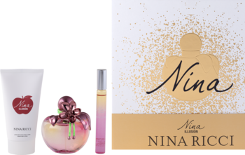Zestaw Nina Ricci Nina Illusion: biały balsam, różowy flakon w kształcie jabłka, perfumy w kulce, złote logo.