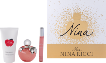 Zestaw Nina Ricci Nina: różowa woda toaletowa jabłko, biały balsam, roll-on. Część na logo producenta.