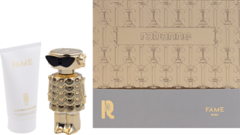 Zestaw prezentowy Paco Rabanne Fame Intense: złoty flakon robota, biały balsam i beżowe pudełko.