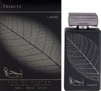 Lattafa Najdia Tribute woda perfumowana unisex 100ml. Ciemna butelka i pudełko z liściastym wzorem.