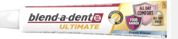 Biała tuba kremu mocującego Blend-a-dent Ultimate, widok z przodu. Widoczne "Food Shield", "All Day Comfort".