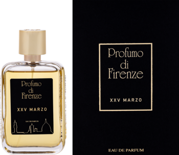 Profumo di Firenze XXV Marzo EDP. Złocista butelka z czarną etykietą i panoramą Florencji, obok czarne pudełko.