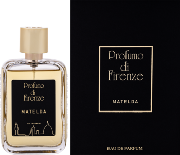 Profumo Matelda di Firenze unisex EDP: bursztynowa butelka z panoramą miasta, obok czarne pudełko.