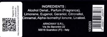Tył opakowania perfum Profumo di Firenze Obscurus: czarna etykieta ze składnikami, kod QR i kod kreskowy.