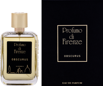 Profumo di Firenze Obscurus, butelka unisex EDP ze złotym korkiem i czarna etykieta obok matowego pudełka.