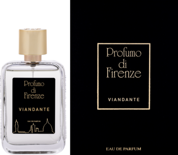Profumo di Firenze Viandante woda perfumowana unisex, butelka i czarne pudełko ze złotymi napisami, widok z przodu, zapach marakui i wanilii.