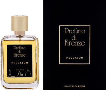 Profumo di Firenze Peccatum EDP, złota butelka perfum i czarne pudełko z napisem, widok z przodu.