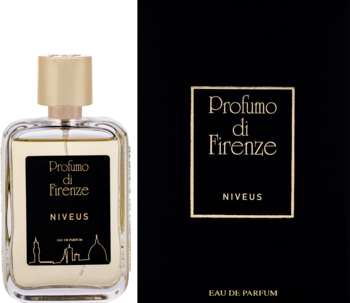 Profumo di Firenze Niveus woda perfumowana unisex: butelka z czarną etykietą obok eleganckiego czarnego pudełka.