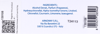 Tył etykiety Profumo di Firenze Fior di Pane z czytelną listą składników i adresem Arnoway S.R.L.