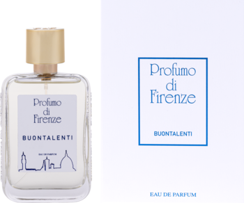Profumo di Firenze Buontalenti unisex EDP: butelka ze złotą nakrętką i pudełko z niebieskim logo na białym tle.