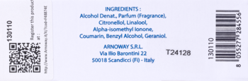 Tył wody perfumowanej Profumo di Firenze Latte e Mandorla: lista składników, kod QR i kreskowy na białym tle.