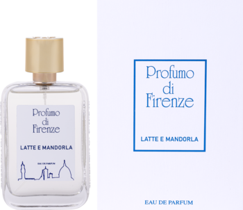 Profumo di Firenze Latte e Mandorla EDP: szklana butelka z gold capem obok białego opakowania z niebieskim napisem, na jasnym tle.