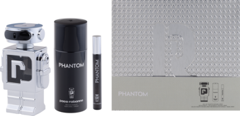 Srebrny robot Paco Rabanne Phantom EDT, czarny dezodorant i mini perfumy obok jasnoszarego pudełka.