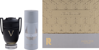 Paco Rabanne Invictus Victory męski zestaw prezentowy: czarna woda perfumowana, biały dezodorant i złote pudełko.