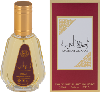 Damska woda perfumowana Ameerat Al Arab 50ml, butelka i czerwone pudełko z złotymi detalami, widok z przodu.