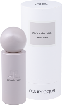 Perfumy Courrèges Seconde Peau unisex: beżowa butelka z kulistą nakrętką obok białego cylindrycznego opakowania.