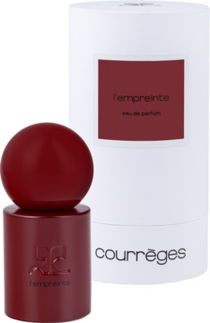 Courrèges L'Empreinte EDP unisex: ciemnoczerwona butelka z okrągłą zakrętką i białe cylindryczne opakowanie.