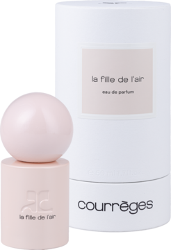 Courrèges La Fille de L'Air EDP: lśniąca różowa kulista butelka z matową bazą, obok białe cylindryczne pudełko.