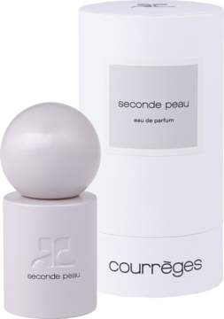 Courrèges Seconde Peau, woda perfumowana unisex. Bladoróżowa kulista butelka obok białego cylindrycznego pudełka.
