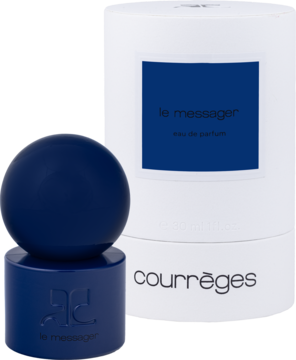 Courrèges Le Messager woda perfumowana unisex, ciemnoniebieska butelka kulista i białe pudełko, przód.