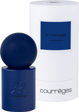 Courrèges Le Messager, ciemnoniebieska butelka perfum unisex z kulistą nakrętką obok białego cylindrycznego pudełka.