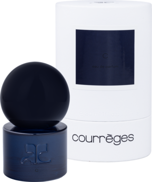 Granatowa, kulista butelka perfum Courrèges C unisex z logo obok białej tuby, ujęcie z przodu.