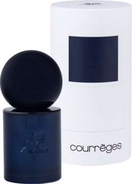 Courrèges C unisex: ciemnoniebieska butelka perfum z logo i białe cylindryczne opakowanie, widok z przodu.