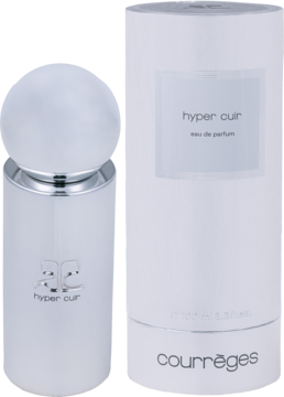 Courrèges Hyper Cuir EDP, srebrna butelka i białe cylindryczne opakowanie, widok z przodu.
