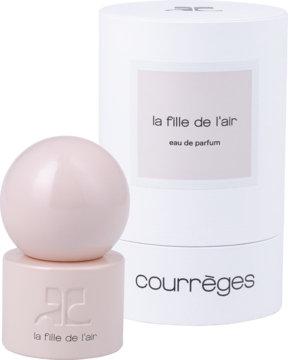 Courrèges La Fille de L'Air: Różowa, kulista butelka z napisem, częściowo przed białą tubą perfum.