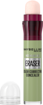 Maybelline Instant Eraser zielony korektor koloru z gąbeczką, na czarnym tle, widoczny aplikator.