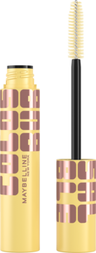 Maybelline Colossal Bubble tusz pogrubiający, żółta tuba z różowozłotym napisem, otwarta szczoteczka.
