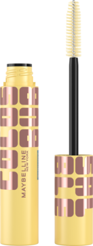 Maybelline Colossal Bubble wodoodporny tusz, żółta butelka z gold logo COLOSSAL. Otwarta, ze spiralną szczoteczką obok.