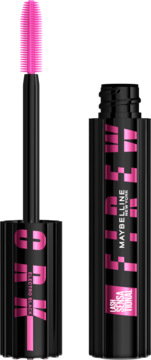 Otwarty tusz Maybelline Lash Sensational Firework Electro Black. Różowa szczoteczka obok czarnej tubki na różowym tle.