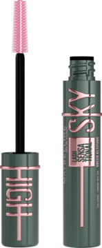Maybelline Lash Sensational Sky High Green Altitude wydłużająca mascara. Zielona butelka, różowe napisy, otwarta, szczoteczka.