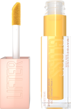 Maybelline Lifter Gloss Honey, nawilżający błyszczyk. Złoty płyn w butelce, widoczny wyjęty aplikator XL.