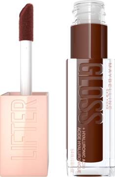 Brązowy błyszczyk Maybelline Lifter Gloss Toast z kwasem hialuronowym, butelka z wysuniętym aplikatorem XL.