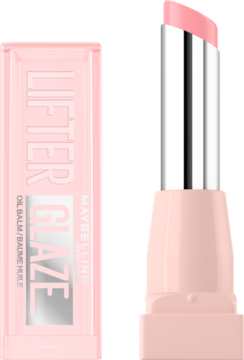 Maybelline Lifter Glaze Pink Drip: otwarte opakowanie i wysunięty, różowy balsam nawilżający do ust.