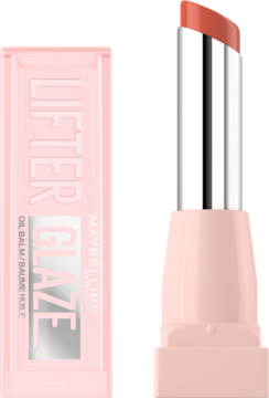 Nawilżający balsam Maybelline Lifter Glaze Carmel Glow, otwarty sztyft i różowe opakowanie z boku.