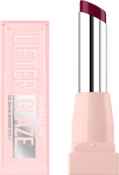 Maybelline Lifter Glaze balsam do ust Acai Glaze: zamknięta różowa tubka i otwarta z bordowym sztyftem.