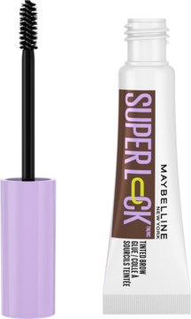 Maybelline Super Lock Tinted Brow Glue Deep Brown. Biała tubka i fioletowy aplikator z czarną szczoteczką.