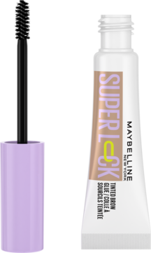 Maybelline Super Lock Tinted Brow Glue Taupe: aplikator z fioletowym trzonkiem i otwarta biała tubka.