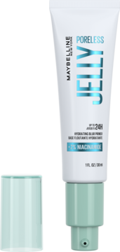 Żelowa baza Maybelline Poreless Jelly Hydrating Blur Primer z 2% Niacinamide, biała tubka z zieloną pompką i otwartą nakrętką.