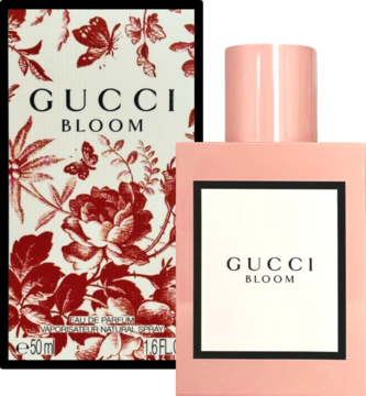 Damska woda perfumowana Gucci Bloom, różowy flakon z białym panelem i pudełko z czerwonym botanicznym wzorem. Elegancki zapach.
