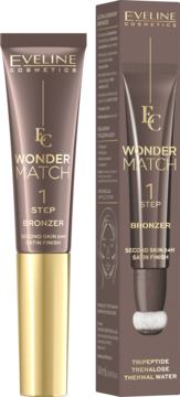Bronzer Eveline Wonder Match 1 Step w złoto-brązowej tubce, z napisem Second Skin Satin Finish, obok brązowe opakowanie.