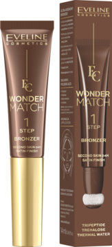 Eveline Wonder Match 1 Step kremowy bronzer z gąbeczką, brązowa tubka i pudełko obok. Widok z przodu, satynowy finisz.