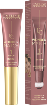 Eveline Wonder Match 1 Step Blush w płynie, różowa tubka ze złotym spodem i pudełkiem, satynowe wykończenie.
