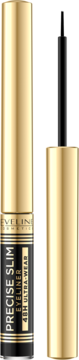Eveline Precise Slim Eyeliner w płynie, złoto-czarne opakowanie, widok zamkniętego i otwartego z aplikatorem.