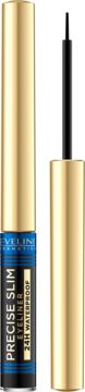 Eyeliner Eveline Precise Slim w złoto-czarnej tubie, otwarty z widocznym precyzyjnym aplikatorem, stojący pionowo.
